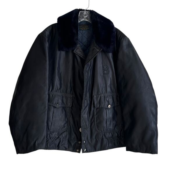 Vintage Black Twill Bomber Coat Mens Sz XL Nylon Faux Fur Collar Police Jacket - Picture 1 of 16